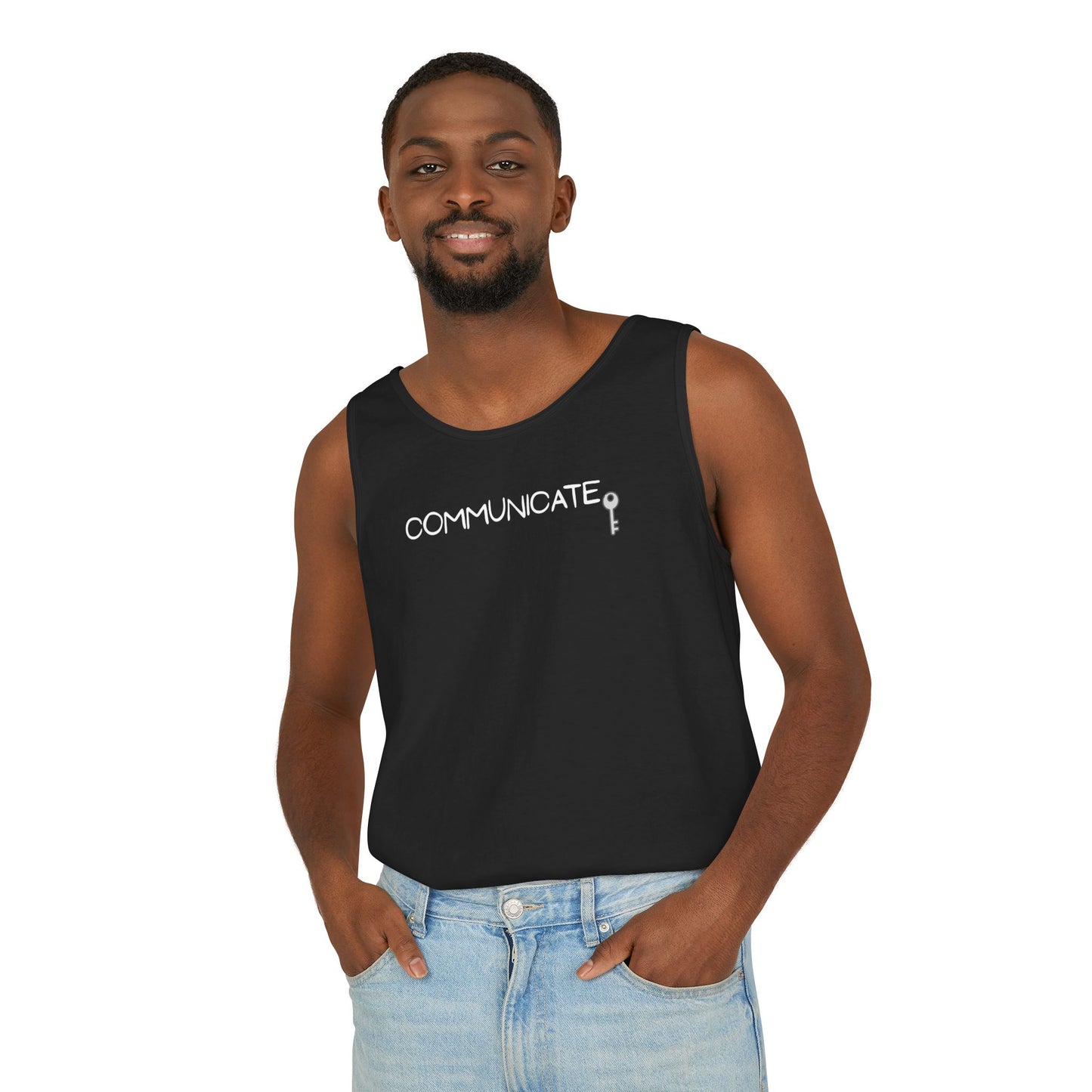 Communicate Key Tank Top — Minimalist Text Graphic Tank