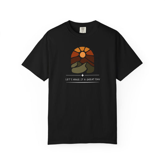 Sunset Hike T-Shirt — "Let's Make It a Great Day" Retro Outdoors Tee